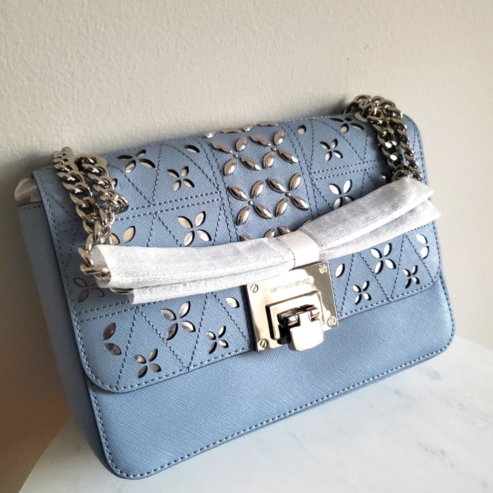 NEW • Michael Kors Tina Pale Blue💎 Chain Stud Perforated Floral Shoulder Bag - Picture 1 of 10
